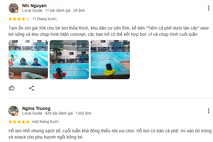 Khách hàng khen hồ bơi sạch sẽ và cảm thấy giá cả phù hợp