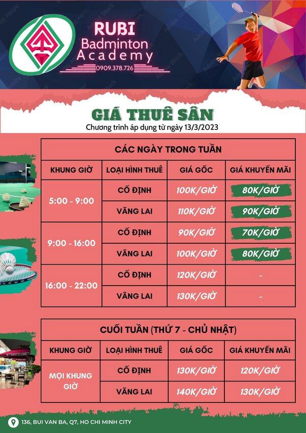 Bảng giá thuê sân cầu lông Ruby với các khung giờ và mức giá đa dạng, chi tiết giá thuê sân cầu lông