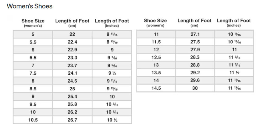 Bảng size giày Nike cho nữ 