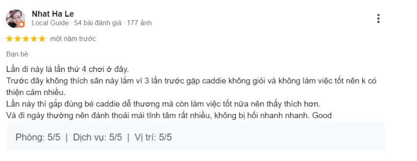 Đánh giá của người chơi trải nghiệm tại sân golf Sông Bé.