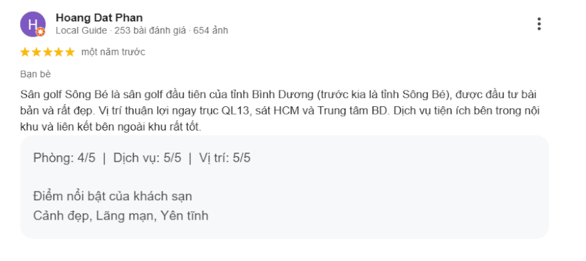 Đánh giá của người chơi trải nghiệm tại sân golf Sông Bé.