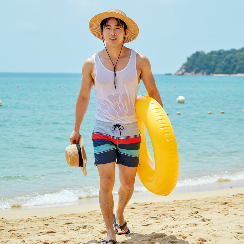 Quần bơi và áo ba lỗ là outfit đi biển tối giản cho các hoạt động dưới nước