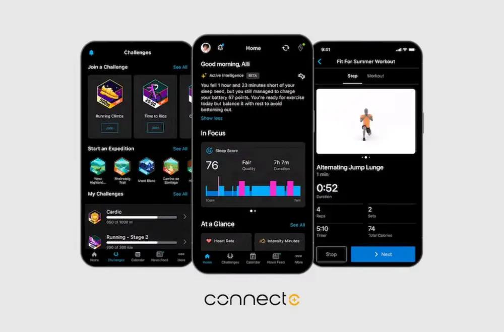 Giao diện Garmin Connect hiển thị chi tiết dữ liệu chạy bộ và sức khỏe