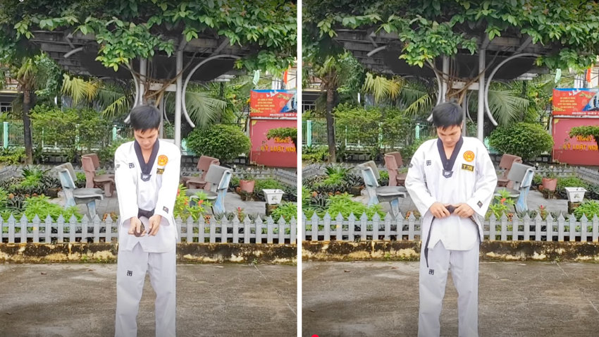 Điều chỉnh nút thắt đai Taekwondo nằm cân đối giữa bụng