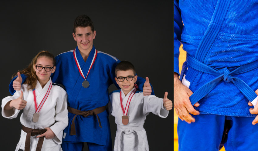 Hình ảnh võ sinh đai xanh lam và đai nâu, cấp độ cao trong hệ thống Kyu của võ Judo
