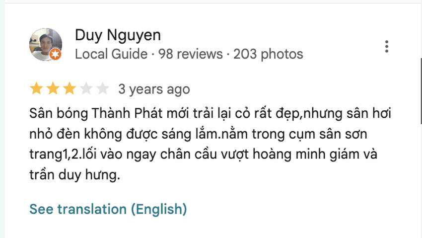 Người chơi nhận xét: “Chất lượng mặt sân cỏ mới đẹp, tuy nhiên đèn chưa sáng lắm“