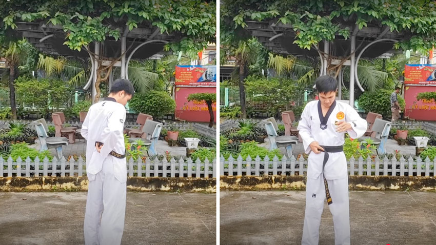 Bắt đầu cách thắt đai Taekwondo hai vòng bền chặt từ giữa lưng