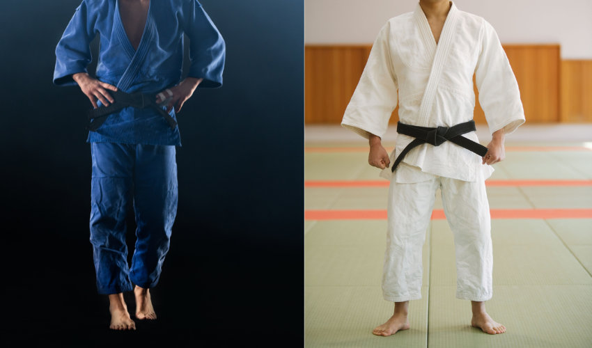 Bộ võ phục Judogi truyền thống màu trắng và xanh lam trong tập luyện
