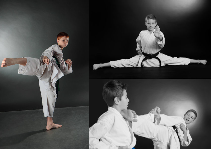 Võ sinh Karate biểu diễn đòn đánh mạnh mẽ, minh họa cho môn võ hiện đại tập trung vào tấn công.