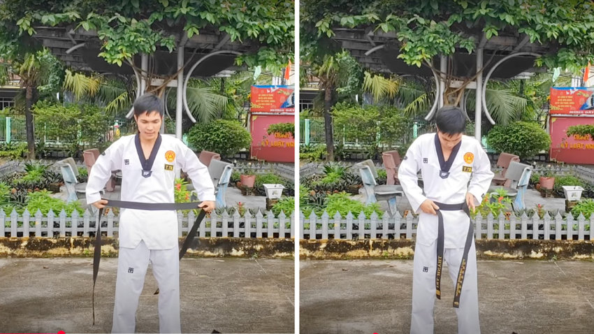 Quấn đai Taekwondo hai vòng quanh bụng để chuẩn bị thắt