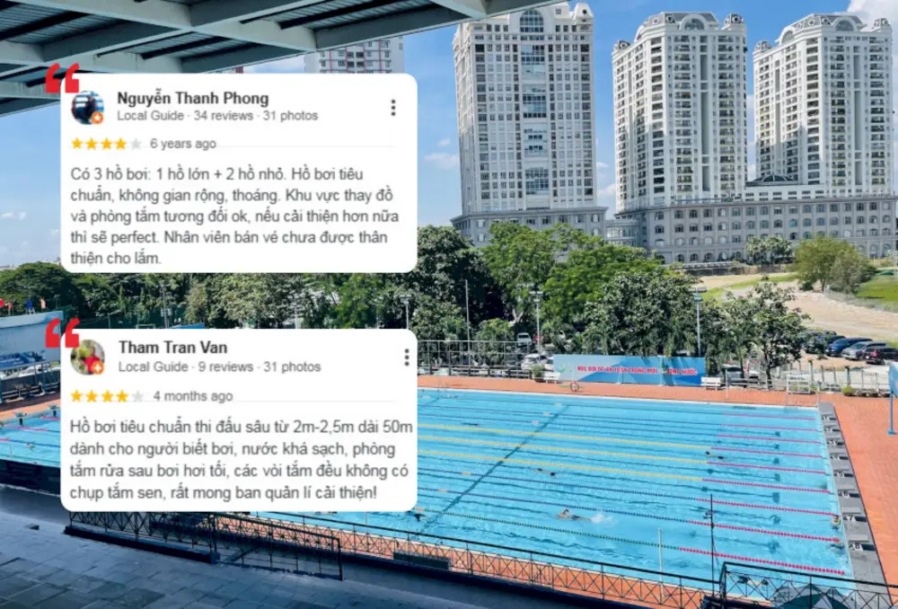Khách hàng đánh giá hồ bơi Phú Thọ rộng và thoáng, nhưng cần cải thiện cơ sở vật chất và thái độ phục vụ