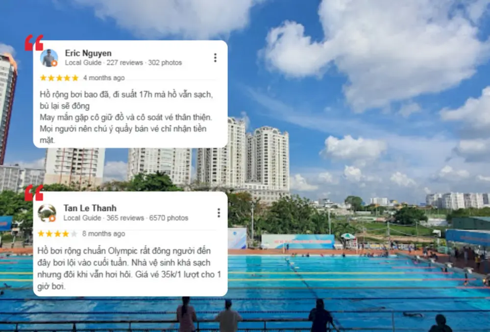 Khách hàng đánh giá hồ bơi Phú Thọ rộng, nhưng đông người vào buổi chiều và cần mang tiền mặt để mua vé