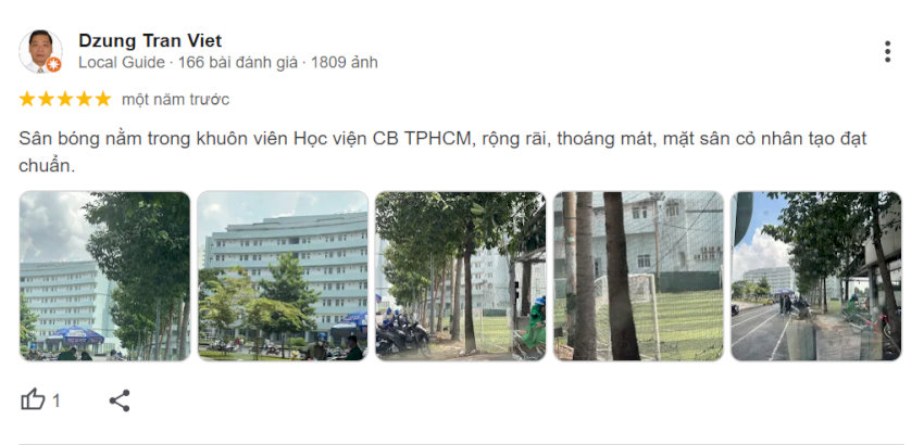 Đánh giá tích cực từ khách hàng Dzung Trần Việt về chất lượng sân và không gian tại Sân bóng đá Ngôi Sao HCA