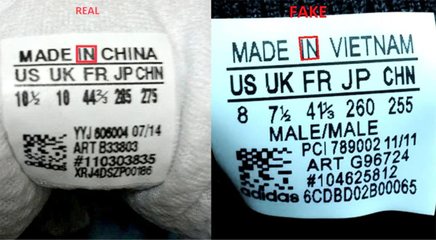 So sánh chi tiết tem giày Adidas chính hãng và tem giả qua phông chữ và khoảng cách.