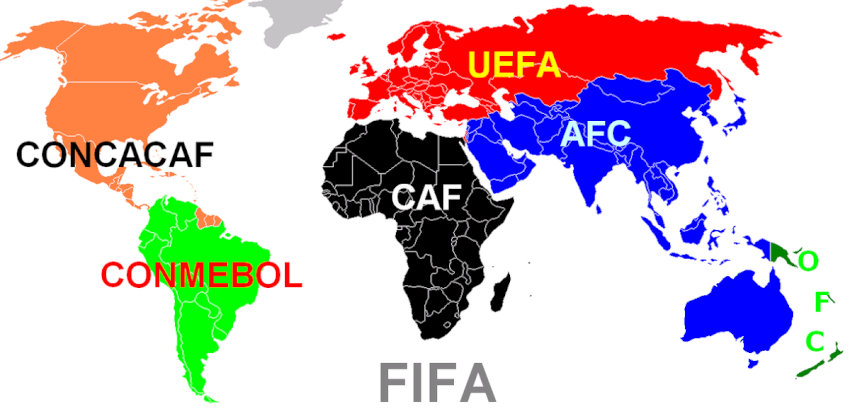 Bản đồ minh họa các liên đoàn khu vực trực thuộc FIFA