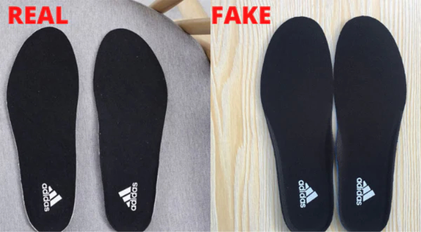 Dấu hiệu nhận biết lót giày Adidas chính hãng: logo và mã số in sắc nét.