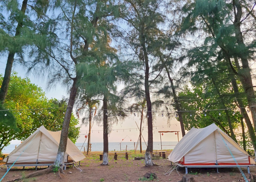 Khu lều trại tại Cần Giờ By The Sea được bố trí sát biển, mang lại trải nghiệm cắm trại gần gũi và hòa mình vào thiên nhiên