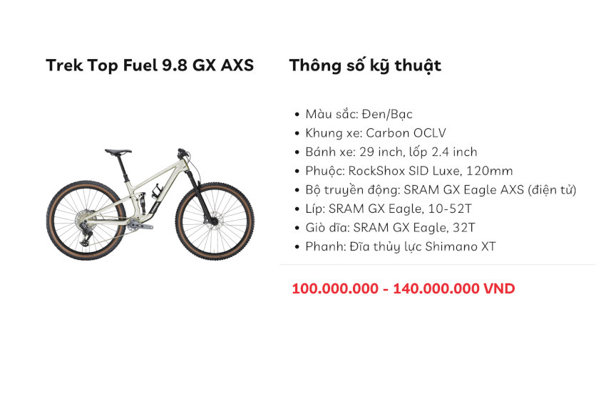 Trek Top Fuel 9.8 GX AXS, dòng xe đạp địa hình cao cấp nhất của Trek cho người lớn