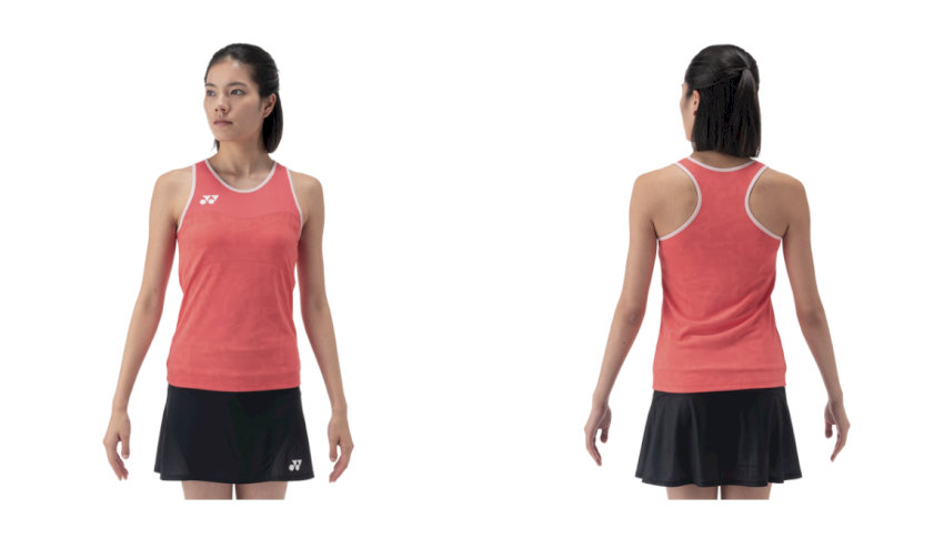 trang phục đánh cầu lông nữ Yonex gồm áo ba lỗ cam đào tươi sáng và quần váy đen xếp ly, tối ưu sự linh hoạt