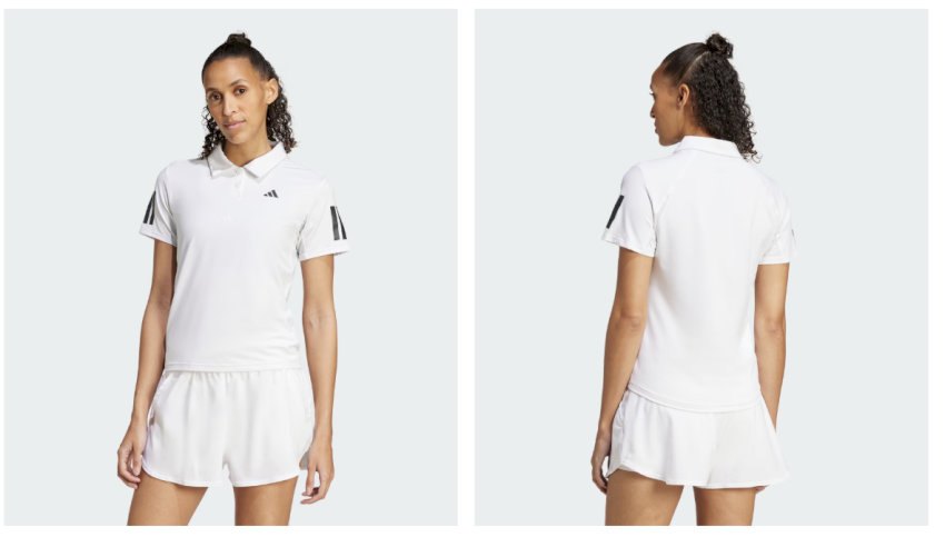 set trang phục đánh cầu lông nữ Adidas màu trắng có cổ, áo polo thanh lịch và quần short nhẹ nhàng, thấm hút mồ hôi hiệu quả