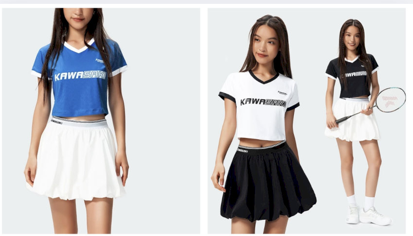set trang phục đánh cầu lông nữ Kawasaki áo croptop tay ngắn và chân váy bí màu xanh biển, trắng, đen, trẻ trung và năng động
