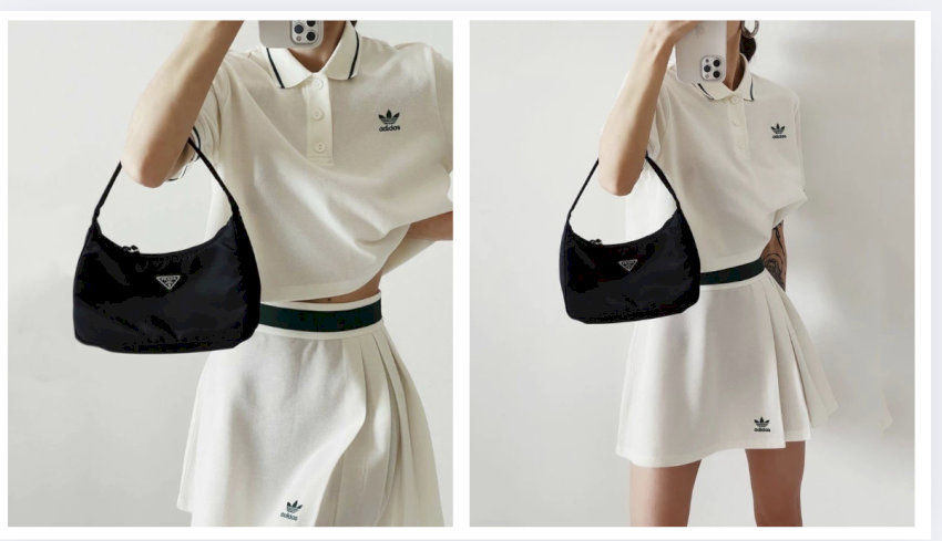 trang phục đánh cầu lông nữ Adidas với áo có cổ và chân váy xếp ly lớn cách điệu, phong cách thể thao hiện đại