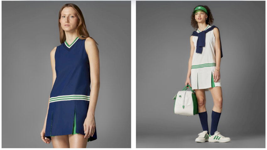 váy suông Adidas cổ V màu xanh trắng, mẫu trang phục đánh cầu lông nữ liền thân thoải mái và thời trang