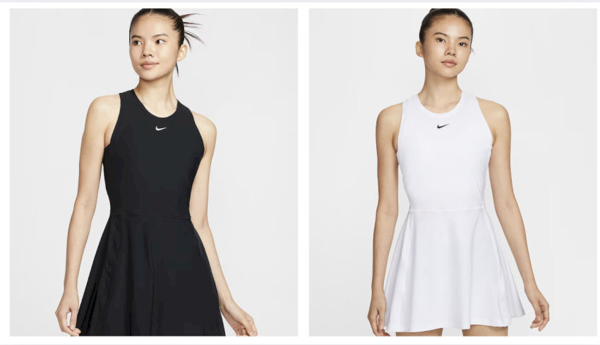 váy liền xòe nhẹ Nike màu trắng đen, trang phục đánh cầu lông nữ mang đến sự thoải mái và phong cách trên sân