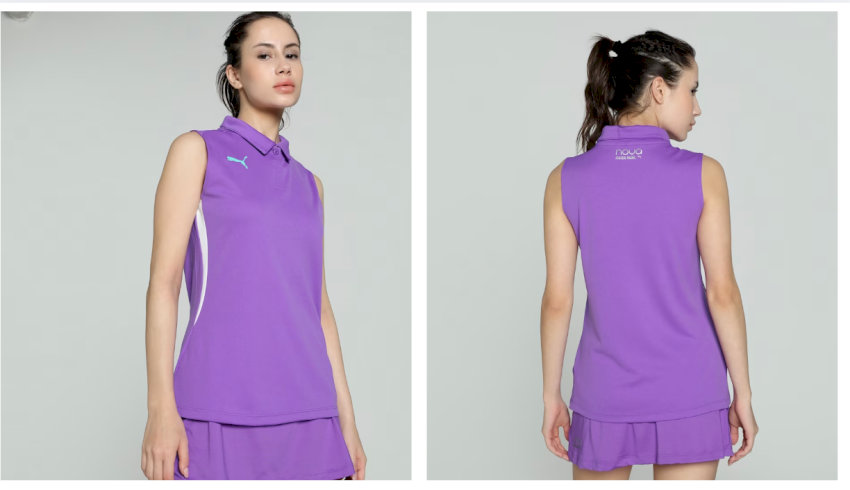 trang phục đánh cầu lông nữ Puma với áo ba lỗ có cổ và chân váy tím xòe, phong cách thể thao cá tính