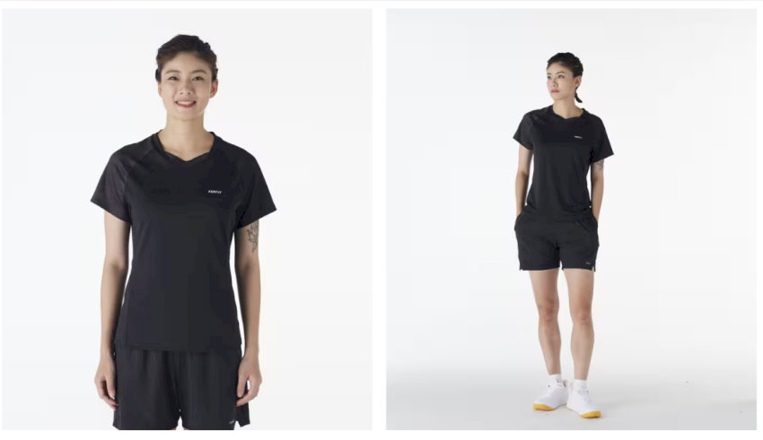 set trang phục đánh cầu lông nữ Decathlon Lite 560 màu đen tối giản, chuyên nghiệp gồm áo thun cổ V và quần short thoáng khí