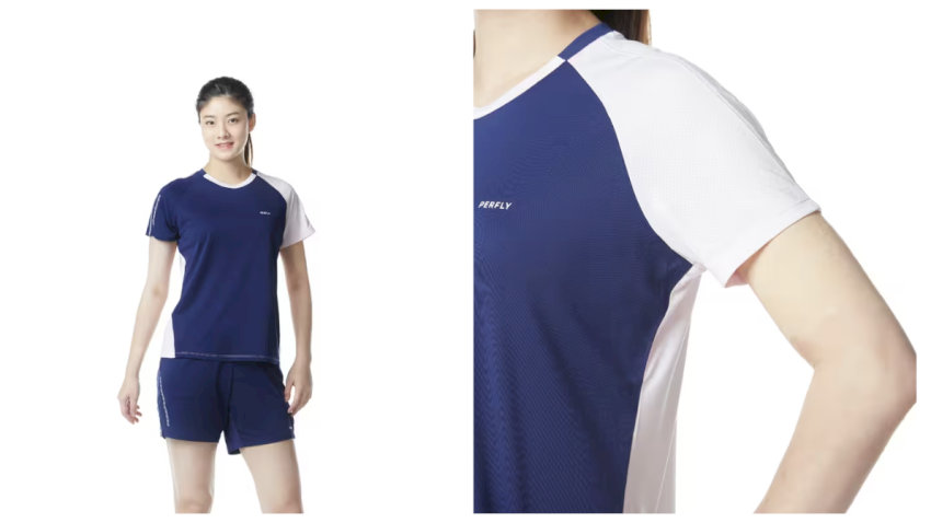 trang phục đánh cầu lông nữ Perfly 530 với áo thun xanh navy tay raglan trắng và quần short đồng bộ, tối ưu sự thoải mái