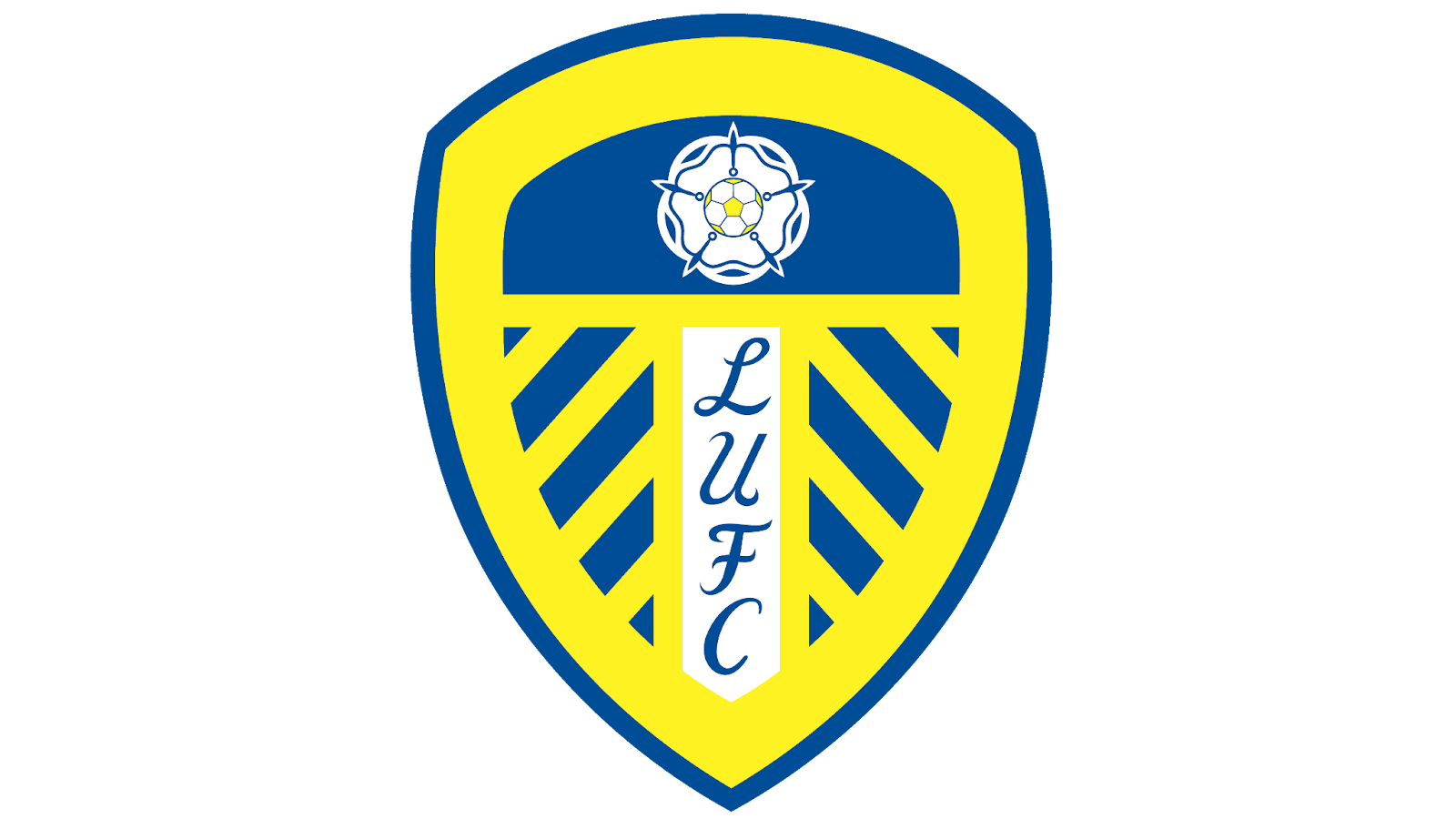 Logo Leeds United với hoa hồng trắng Yorkshire trên nền xanh vàng
