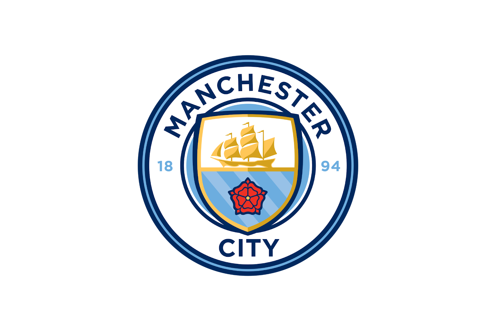 Logo Manchester City với tàu buồm, hoa hồng Lancashire và năm thành lập