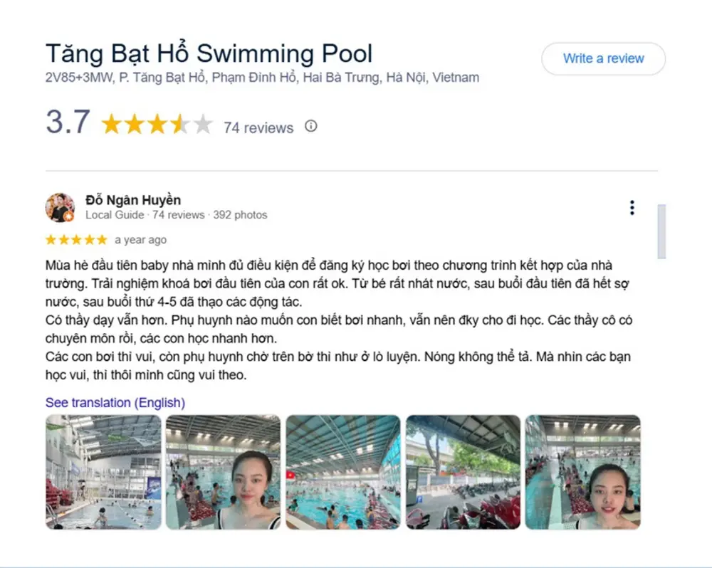 Đánh giá của khách hàng về trải nghiệm tại bể bơi Tăng Bạt Hổ