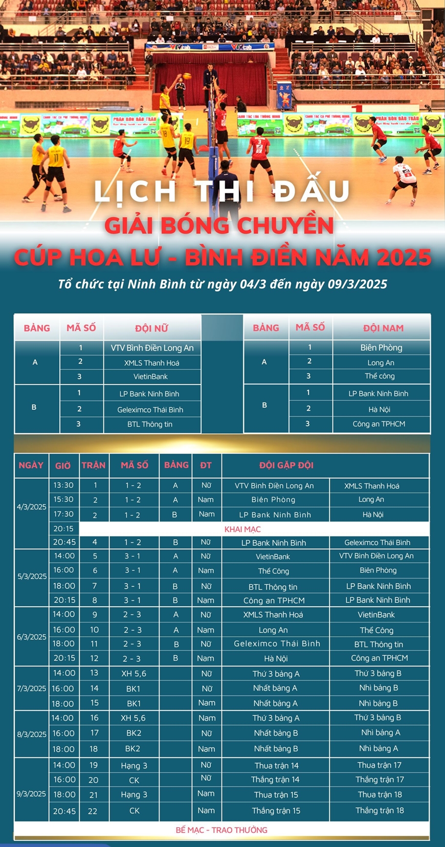 Lịch thi đấu chi tiết Giải bóng chuyền Cúp Hoa Lư Bình Điền 2025, hướng dẫn người hâm mộ theo dõi các trận đấu.