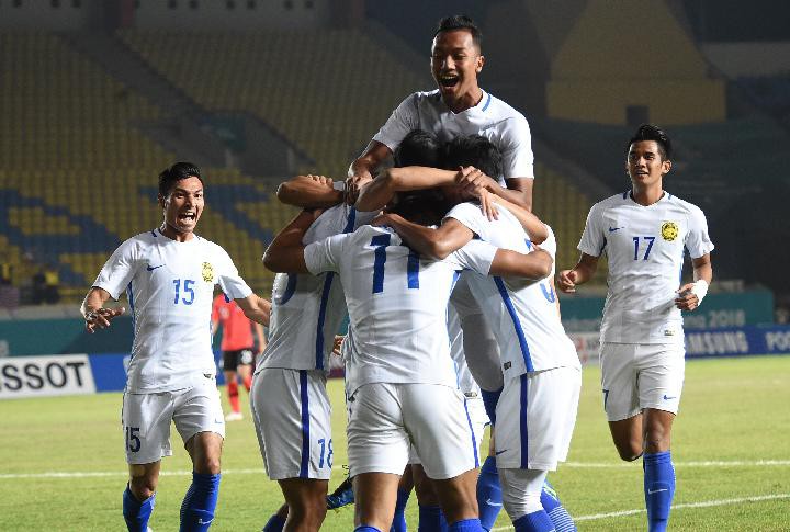 Cầu thủ Olympic Malaysia ăn mừng chiến thắng tại ASIAD 2018