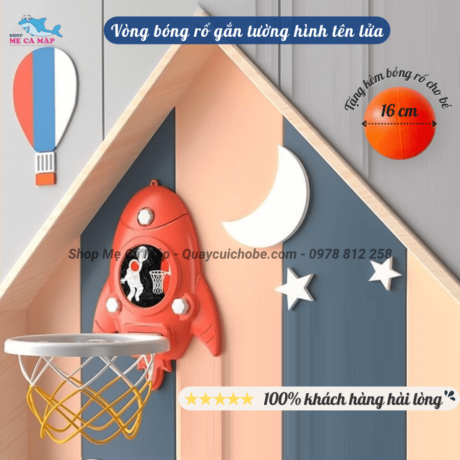 Bộ bóng rổ treo tường Pakey hình tên lửa tiện ích, giúp bé thoả sức chơi đùa ngay tại nhà, đảm bảo chất liệu nhựa nguyên sinh HDPE