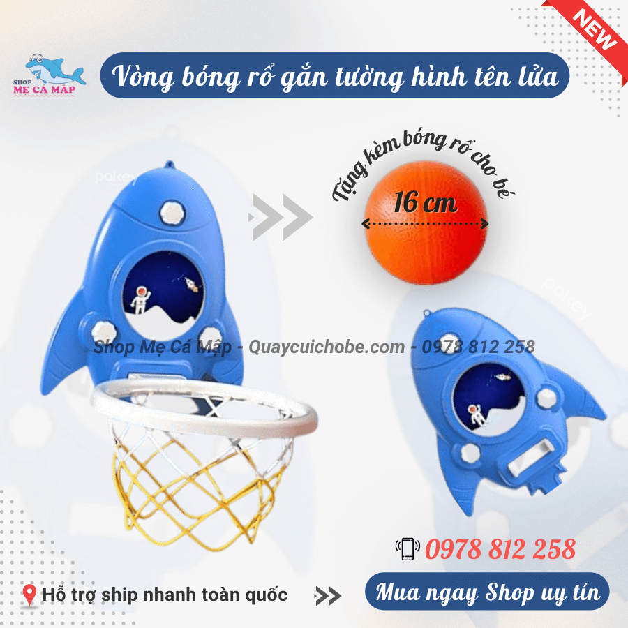Bộ bóng rổ treo tường hình tên lửa có kèm quà tặng bóng chất lượng, giúp bé sẵn sàng vui chơi ngay lập tức