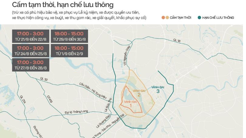 Bản đồ chi tiết các tuyến đường cấm và hạn chế tại Hà Nội cho diễu binh Quốc khánh