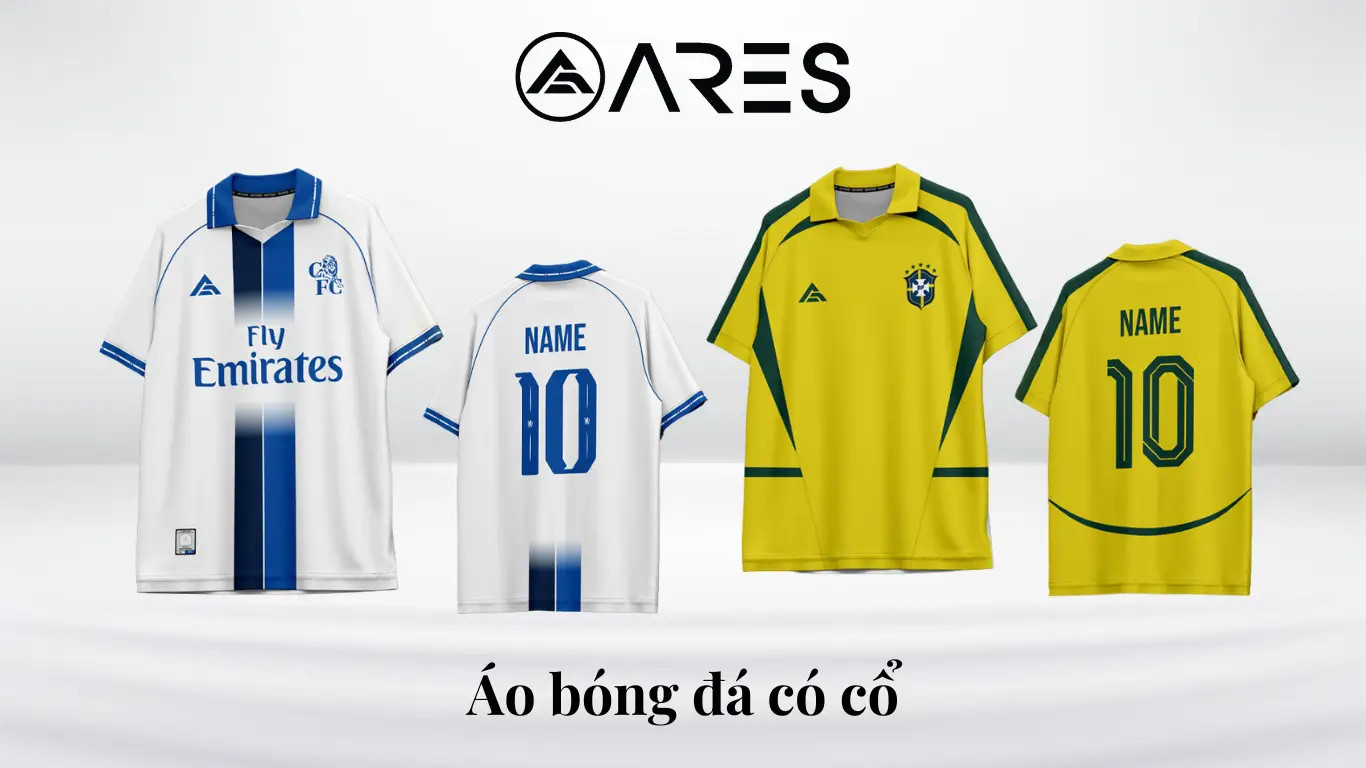 Áo bóng đá có cổ màu xanh lá cây với logo đội bóng và số áo, đang được mặc bởi một cầu thủ trên sân.
