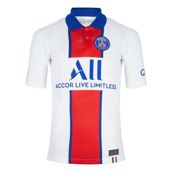 Áo bóng đá Paris Saint Germain sân khách 2020-2021 màu trắng cổ bẻ, tái hiện lịch sử.