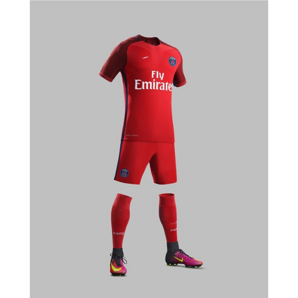 Áo bóng đá Paris Saint Germain sân khách màu đỏ rực rỡ, thể hiện tinh thần nhiệt huyết của đội.