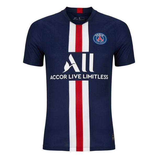 Áo bóng đá Paris Saint Germain sân nhà 2019-2020 với dải sọc trắng-đỏ và logo tài trợ mới.