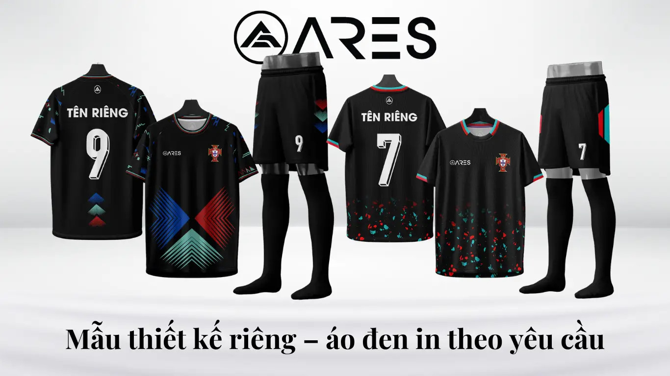 Áo đá bóng màu đen được thiết kế và in ấn theo yêu cầu, mang đậm dấu ấn riêng của đội bóng