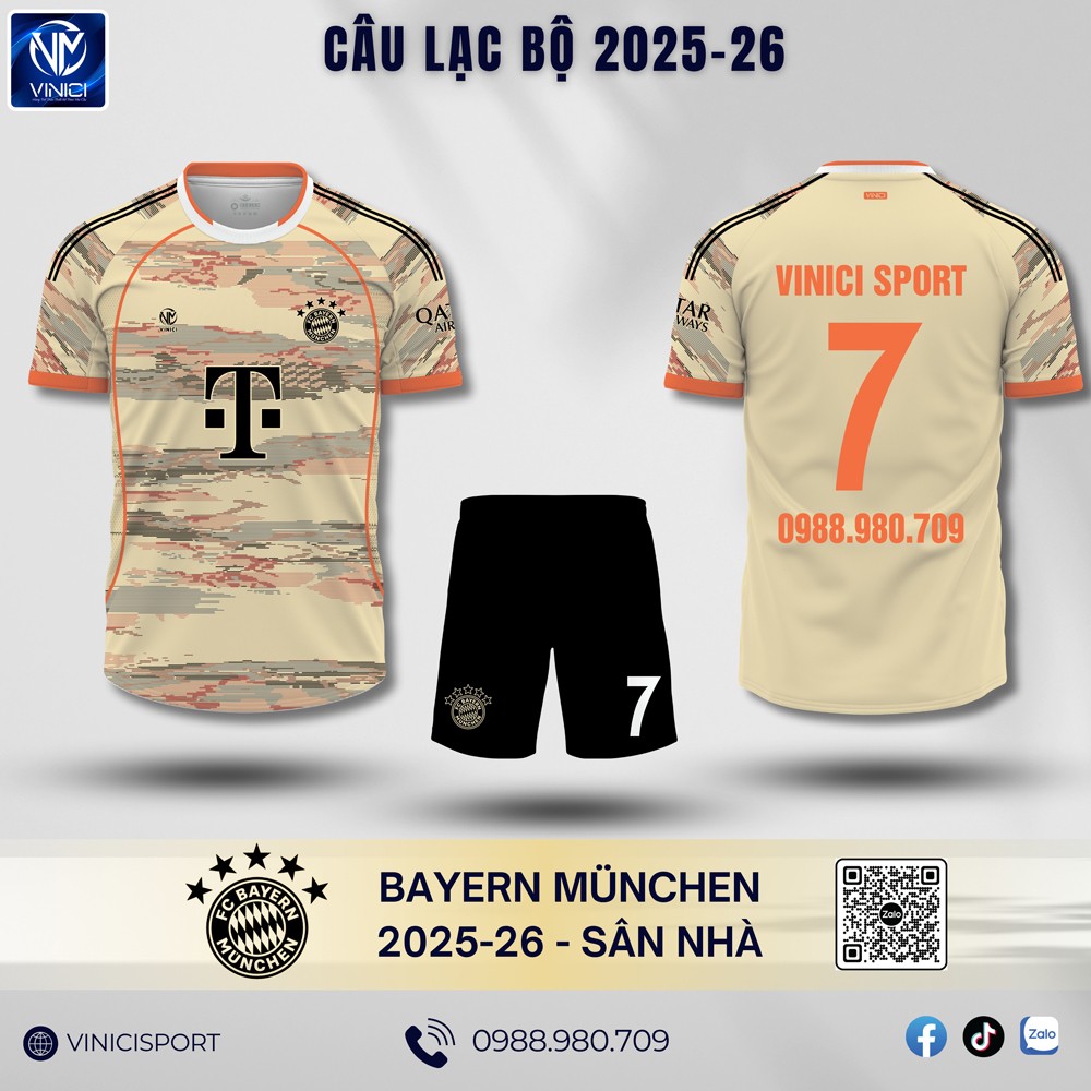 Mẫu áo đấu sân nhà Bayern Munich 2025-2026 với tông màu be rằn ri hiện đại