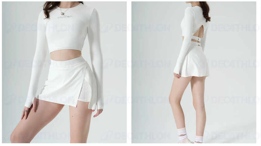 Áo thun croptop dài tay All Day White mix chân váy xẻ trắng, phong cách pickleball croptop