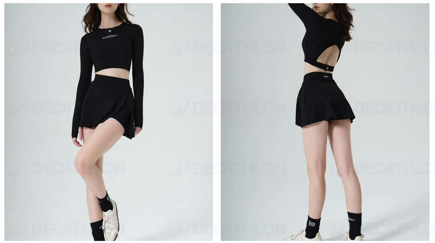 Áo thun croptop dài tay phối chân váy đen, croptop pickleball nữ