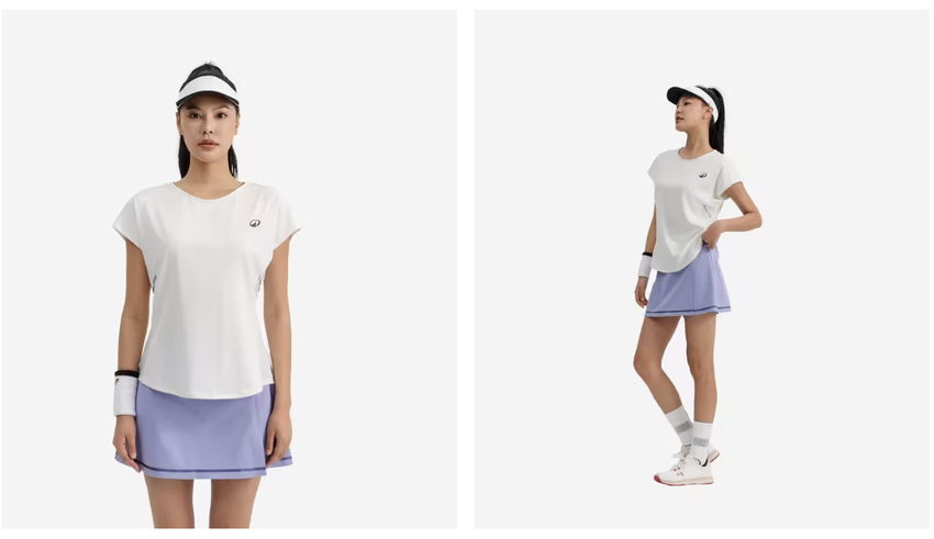 Áo thun Dry 500 và chân váy tím, quần áo chơi pickleball nữ đẹp
