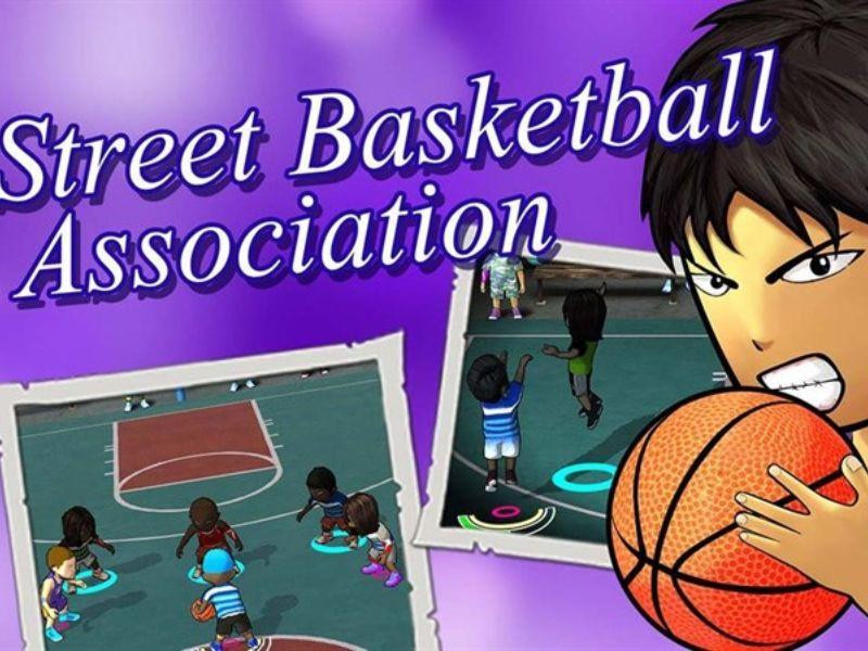 Ba cầu thủ bóng rổ hoạt hình đầu to đang thi đấu trên sân đường phố trong game Street Basketball Association