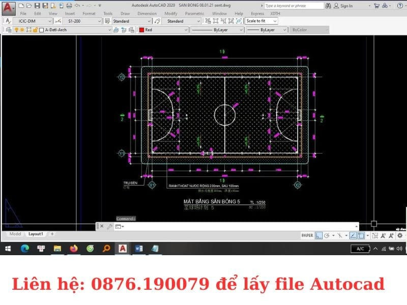 Bản vẽ kỹ thuật của sân bóng cỏ nhân tạo 5 người